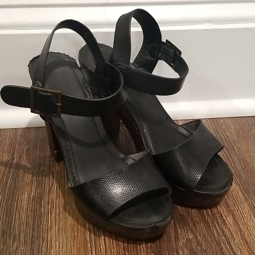 Black faux leather platforms